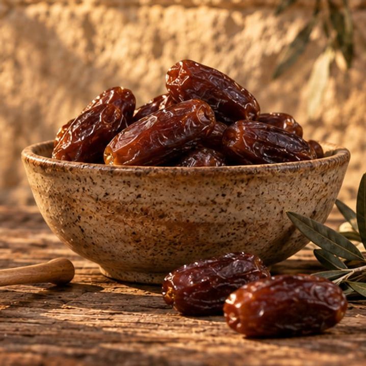 طبق تمر سيوي على طاولة خشبية
