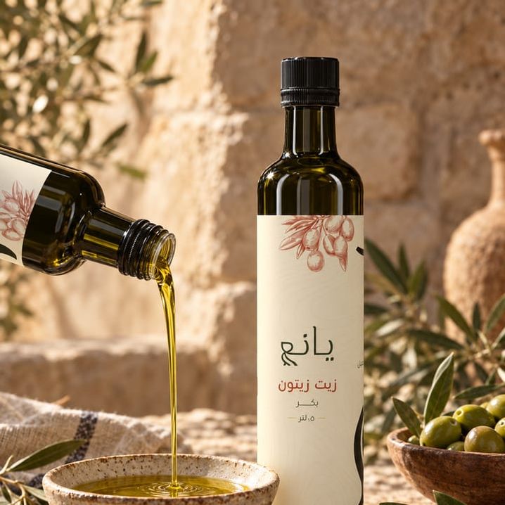 زيت زيتون يانع يُصبّ في طبق صغير
